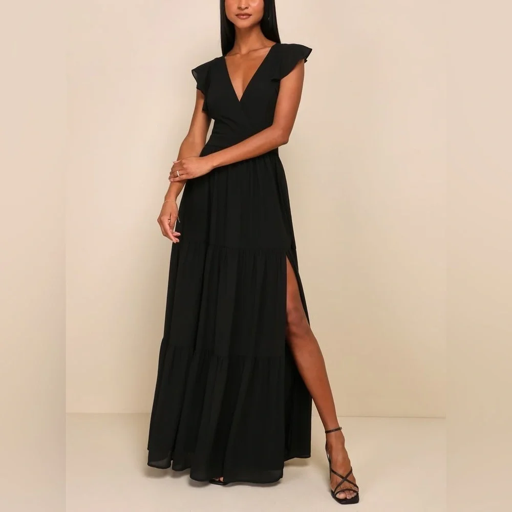 Lulus Charming Success Black Tiered Lace-Up Backless Maxi Dress Size L - Picture 2 of 11